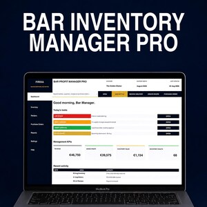 Könnte beinhalten: Ein Laptop mit der Benutzeroberfläche der Software Bar Inventory Manager Pro von Firixa. Der Bildschirm zeigt ein Dashboard mit Geschäftskennzahlen, darunter einen Umsatz von 46.750 €, einen Bruttogewinn von 39.575 € und einen Lagerwert von 1.154 €.