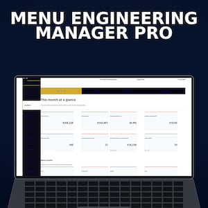 May include: A laptop displaying the Menu Engineering Manager Pro software interface on a dark blue background. The screen shows a dashboard titled This month at a glance with various financial metrics, including revenue, profit, and menu health data.