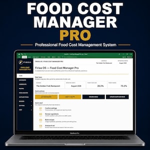 Puede incluir: Un ordenador portátil que muestra la interfaz del software Firixa Food Cost Manager Pro. La pantalla presenta un panel para The Golden Fork Restaurant con secciones de ingredientes, recetas, análisis de menús e informes, junto a pasos iniciales.