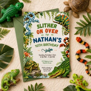 May include: A rectangular birthday invitation card featuring illustrations of a blue snake, a colorful chameleon, a tortoise, and a crocodile. The text reads: SLITHER ON OVER for NATHAN'S 10TH BIRTHDAY, Sunday October 21st, 3:30 PM - 5:30 PM, 123 Slippery Lane, Reptile House, RSVP to Nadia at 0123 456 789 by Oct 11th.