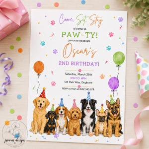 May include: A white birthday invitation card featuring the text Come, Sit, Stay it's time to PAW-TY! join us to celebrate Oscar's 2ND BIRTHDAY! with details for Saturday, March 28th, 1PM TO 4PM, 123 Park Way, Dogbone, RSVP to Mum at 0412 345 678.
