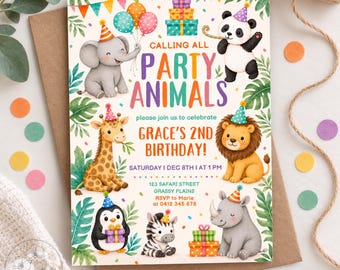 May include: A birthday invitation card featuring colourful illustrations of a baby elephant, panda, giraffe, lion, penguin, and zebra wearing party hats. The text reads CALLING ALL PARTY ANIMALS, GRACE'S 2ND BIRTHDAY, SATURDAY 1 DEC 8TH AT 1 PM.
