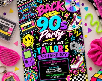 May include: A rectangular party invitation with a black background featuring neon-coloured 90s graphics including a boombox, cassette tape, smiley face, handheld game console, Rubik's cube, CD, sneaker, game controller, and roller skate.