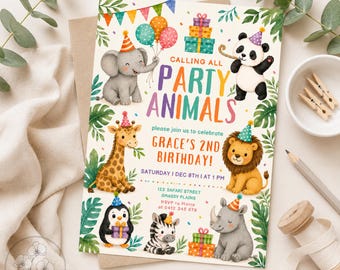 May include: A rectangular birthday invitation card featuring watercolor illustrations of a gray elephant, panda, giraffe, lion, penguin, zebra, and rhino wearing party hats. The text reads CALLING ALL PARTY ANIMALS, GRACE'S 2ND BIRTHDAY.