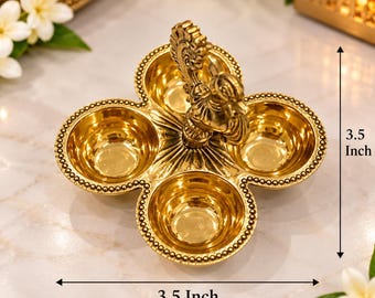 3.5 Inch Ganesha Diya Holder | 4 Wick Brass Diya | Indian Home Decor