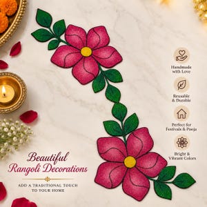 May include: A decorative Rangoli floor art piece featuring two large pink flowers with yellow centers and green leaves. The text reads Beautiful Rangoli Decorations, ADD A TRADITIONAL TOUCH TO YOUR HOME, Handmade with Love, Reusable & Durable, Perfect for Festivals & Pooja, and Bright & Vibrant Colors.