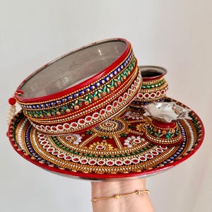 Karwa Chauth Thali Set, Decorative Indian Pooja Thali with Channi, Karwa Chauth Sargi Gift, Traditional Festival Puja Set
