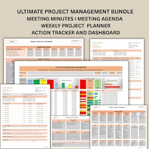 Può includere: Un pacchetto digitale per la gestione dei progetti che include un pianificatore settimanale, verbali di riunione, ordine del giorno e una dashboard di monitoraggio. I documenti presentano toni pesca e bianco con tabelle e grafici.