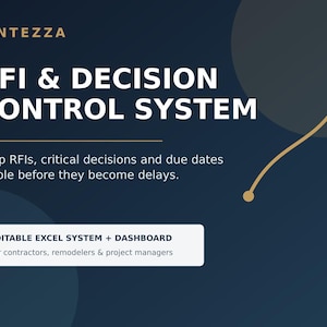 May include: A dark blue digital graphic for an RFI & Decision Control System by Sintezza. It features white text stating: Keep RFIs, critical decisions and due dates visible before they become delays. Includes an editable Excel system and dashboard.