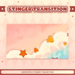 Puede incluir: Un gráfico digital etiquetado como STINGER TRANSITION con un fondo suave de color melocotón y un patrón de diamantes repetido. El área rectangular central muestra una escena de playa estilo acuarela con estrellas de mar naranjas y conchas amarillas.
