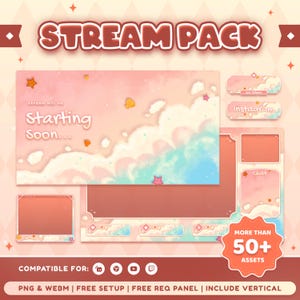 Puede incluir: Un paquete de streaming digital con estética de playa en degradados suaves de rosa y azul, nubes y conchas. Incluye superposiciones para Starting Soon, cuadros de chat y paneles de redes sociales con texto como Starting Soon e Instagram.
