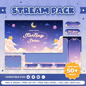 Pode incluir: Um pacote de streaming digital com tema de céu noturno, incluindo lua crescente, estrelas e nuvens. Os gráficos incluem uma tela de Starting Soon, chat e sobreposições em tons de roxo e azul. Texto: STREAM PACK, Starting Soon, PC Specs, Chat, More Than 50+ Assets.