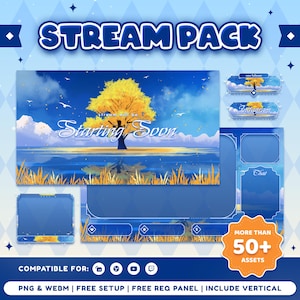 May include: A digital stream pack featuring a blue and yellow landscape with a large tree, including overlays for chat, alerts, and social media. The text reads STREAM PACK, Starting Soon, new follower, Instagram, Chat, and MORE THAN 50+ ASSETS.