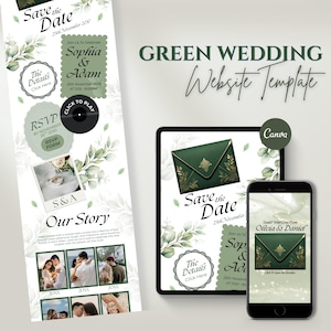 May include: A digital wedding website template featuring a green and white botanical theme with eucalyptus leaves. The layout includes sections for Save the Date, RSVP, and Our Story, displayed on a tablet and smartphone screen with gold envelope graphics.