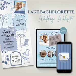 May include: A digital template for a Lake Bachelorette Wedding Website featuring blue and white illustrations of palm trees, umbrellas, and cocktails. The design includes text such as Love on the Lake, Sophia's Bachelorette Weekend, and Click Here for Details.