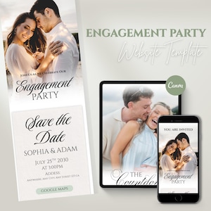 May include: A digital engagement party website template featuring a tablet and smartphone displaying invitation designs with photos of a couple, the text Engagement Party, Save the Date, Sophia & Adam, July 25th 2030, and Google Maps buttons.