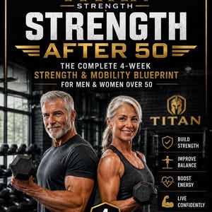 May include: A digital fitness guide titled Titan Strength After 50, featuring a man and woman holding dumbbells. Text includes The Complete 4-Week Strength & Mobility Blueprint, Build Strength, Improve Balance, Boost Energy, Live Confidently, and 4 Weeks.