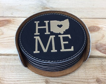 Engraved Coaster Set with holder, Round Leatherette Coaster Set, Custom State Coaster, Housewarming Gift First Home, Realtor Closing gift