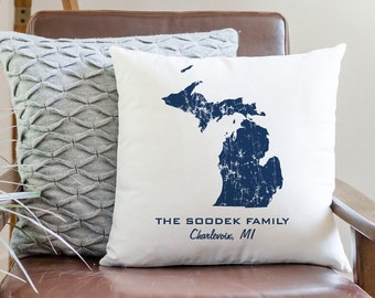 Custom Michigan Distressed State Pillow Cover Personalized with Family Name & Hometown