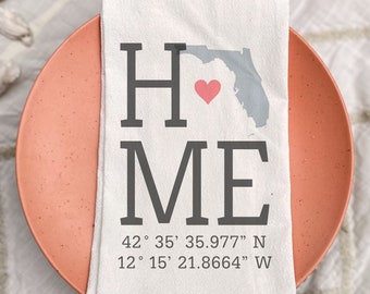 Home State with Custom Coordinates Tea Towel, State Flour Sack Towel with Latitude and Longitude, Personalized Florida Kitchen Towel