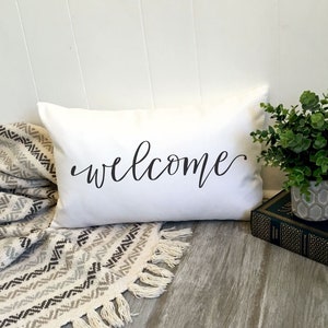 Welcome Pillow, Lumbar Word Pillow, Oblong Entryway Welcome Home Pillow, Custom Color text Pillow image 1