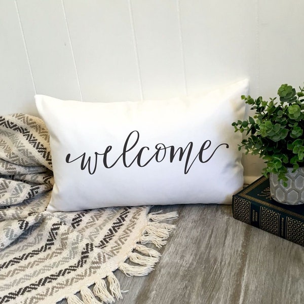Welcome Pillow, Lumbar Word Pillow, Oblong Entryway Welcome Home Pillow, Custom Color text Pillow