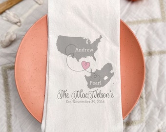 Couples Tea Towel, Personalized Wedding Gift, Map Love, Custom Engagement Gift, Flour Sack Towel, House warming gift, Heritage Gift