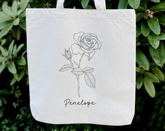 Rose Birth Flower Tote Bag Personalized / Floral Farmers Market Tote / Natural Cotton Canvas Reusable Bag