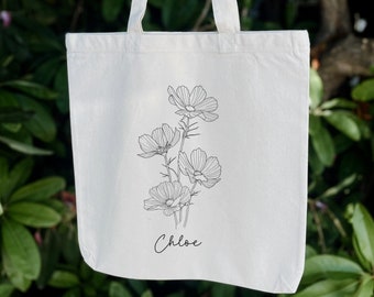 Cosmo Birth Flower Tote Bag Personalized / Floral Farmers Market Tote / Natural Cotton Canvas Reusable Bag