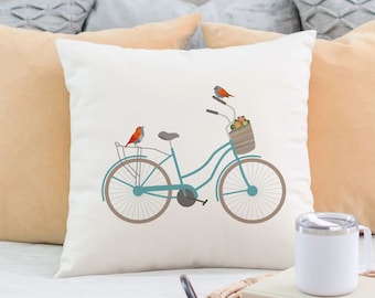 Bicycle Pillow Cover with optional insert, Bicycle Home Decor, Colorful Retro Bicycle with basket Decorative Throw Pillow