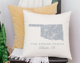 Custom Distressed State Pillow Cover Personalized with Family Name & Hometown / Oklahoma