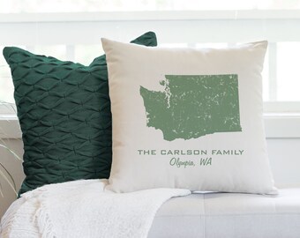 Custom Washington Distressed State Pillow Cover Personalized with Family Name & Hometown