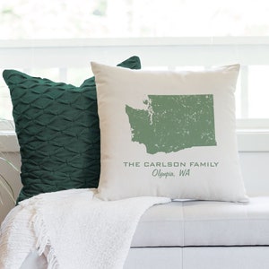 Custom Washington Distressed State Pillow Cover Personalized with Family Name & Hometown image 1