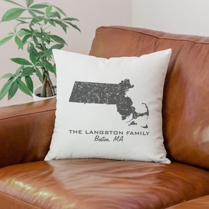 Custom Distressed State Pillow Cover Personalized with Family Name & Hometown / Massachusetts