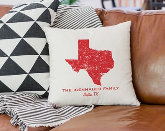 Custom Distressed State Pillow Cover Personalized with Family Name & Hometown / Texas