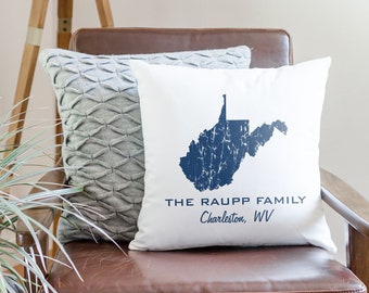 Custom Distressed State Pillow Cover Personalized with Family Name & Hometown / West Virginia