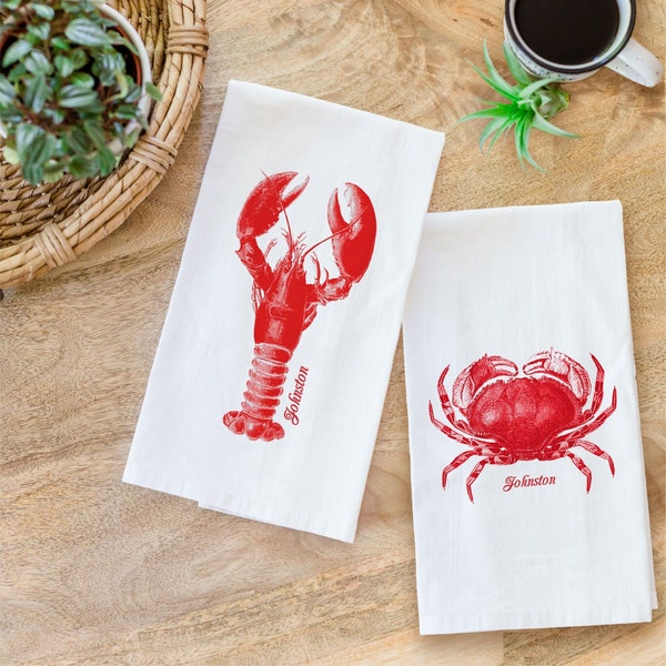 Personalized Lobster Tea Towel / Crab Flour Sack Towel with Name