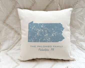 Custom Distressed State Pillow Cover Personalized with Family Name & Hometown / Pennsylvania