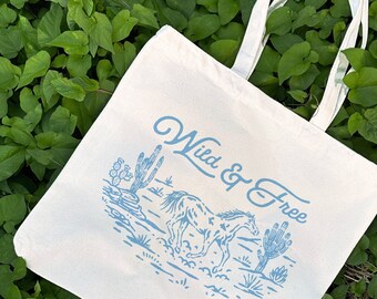 Wild & Free Horse Cotton Tote Bag: Coastal Cowgirl Reusable Book Bag
