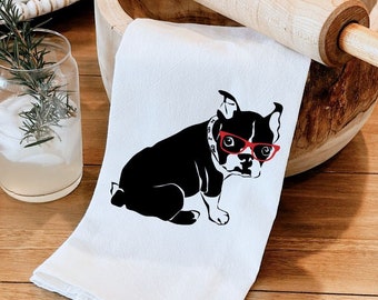 Boston Terrier Flour Sack Towel, Dog Tea Towel, Dog With Glasses, Flour Sack Tea Towel, Dog Art, Dog Lover Gift, Dog Decor, Mothers Day Gift