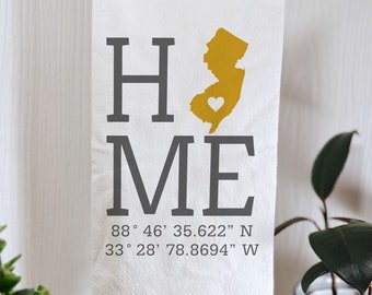 Home State with Custom Coordinates Tea Towel, State Flour Sack Towel with Latitude and Longitude, Personalized New Jersey Kitchen Towel