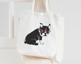 Boston Terrier Tote Bag, Boston Terrier Gifts, Dog Lover Gift, Boston Terrier with Glasses, Reusable Grocery Bag for Dog Lover Tote Bag