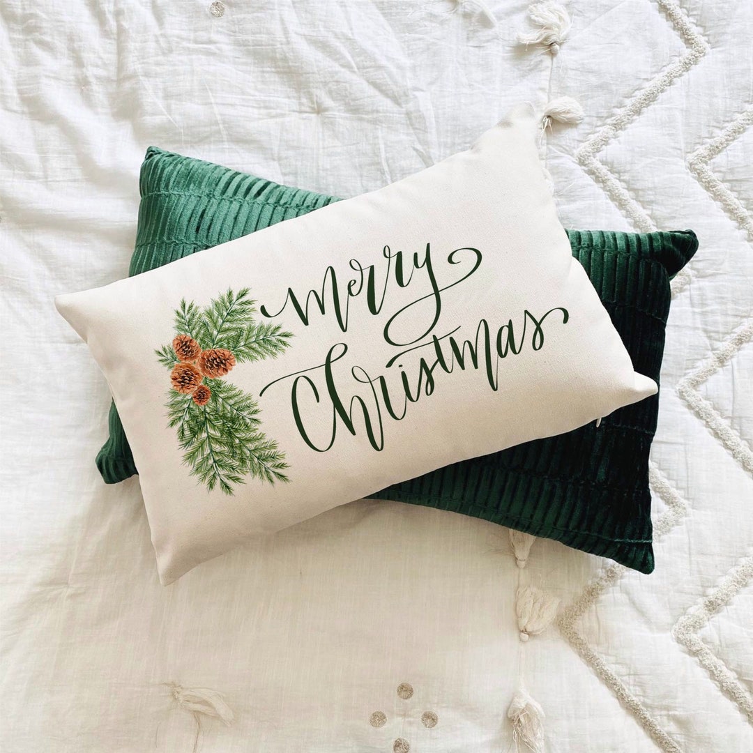 Merry Christmas Lumbar Pillow With Optional Insert / Pine Cone Christmas Oblong Pillow Etsy