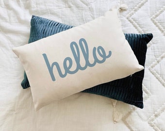 Hello Pillow with Insert, Entry Way Pillow, Lumbar Pillow, Long Pillow, Conversational Pillow, Sofa Pillow, Chair Pillow, Oblong Pillow