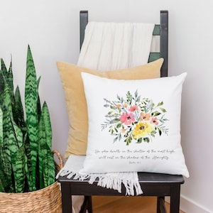 Psalm 91 Scripture Pillow Square Throw pillow with Watercolor florals and bible verse Mother's Day Gift image 2