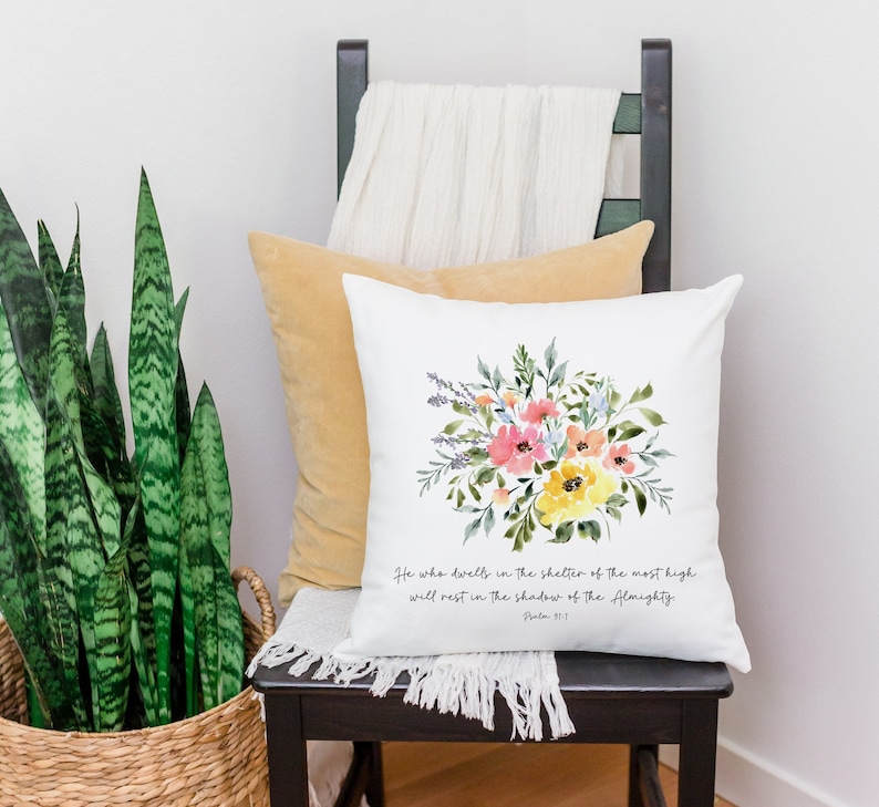 Psalm 91 Scripture Pillow Square Throw pillow with Watercolor florals and bible verse Mother's Day Gift image 2