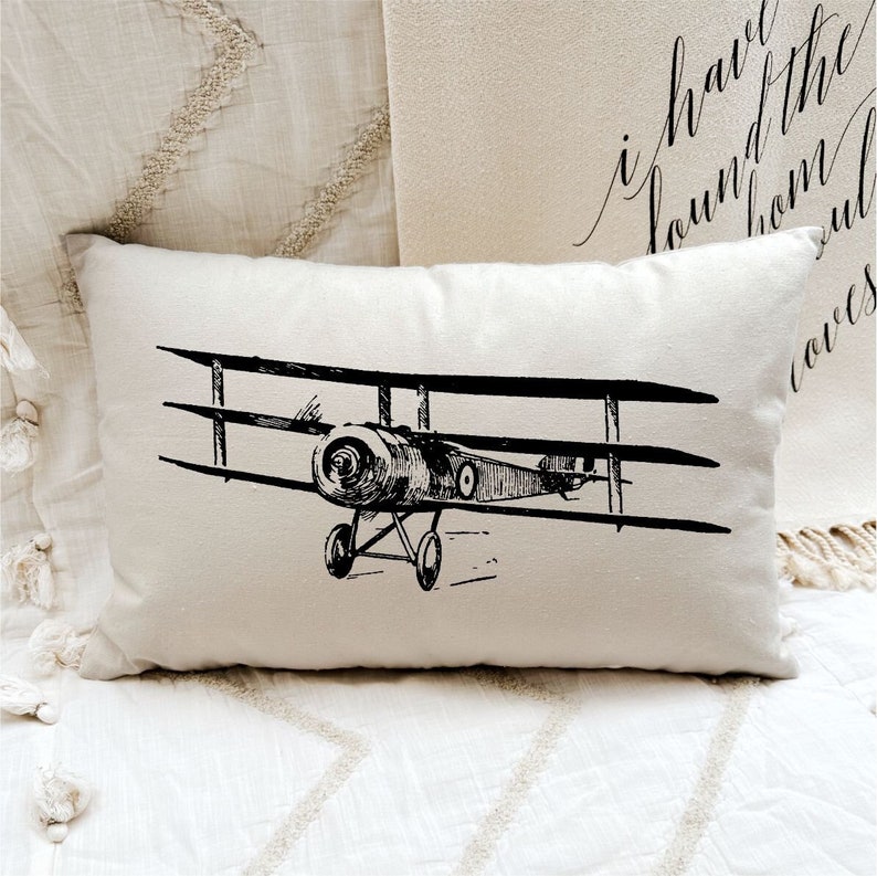 May include: A white throw pillow with a black and white illustration of a vintage biplane. The pillow has the text "I have found the home I love" printed on it.