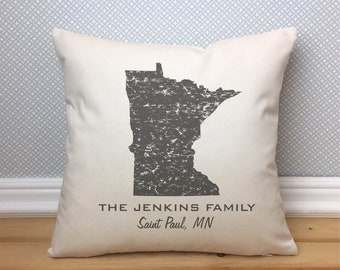 Custom Distressed State Pillow Cover Personalized with Family Name & Hometown / Minnesota