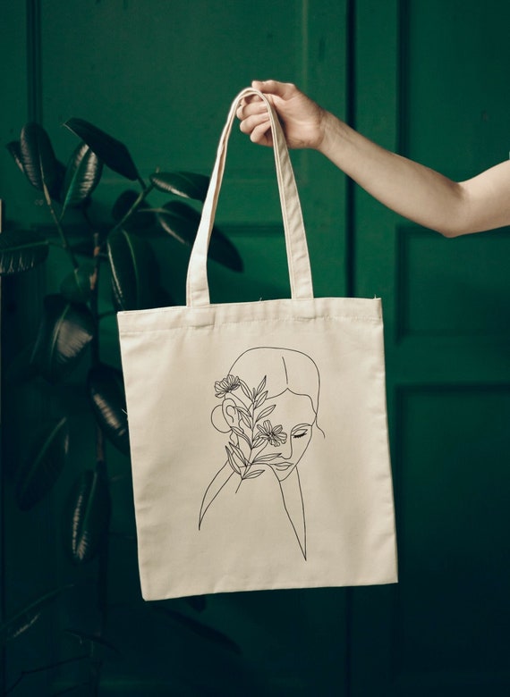 Line Art Woman Tote Bag Botanical Figure Drawing Farmers