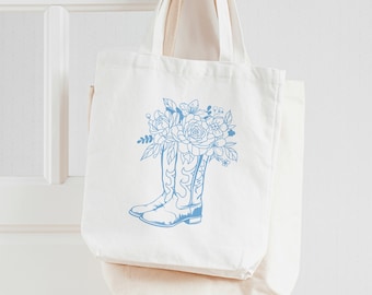 Cowgirl Boots Tote Bag / Coastal Cowgirl Reusable Tote Bag / Western Cowboy Boots with Flowers Book Bag